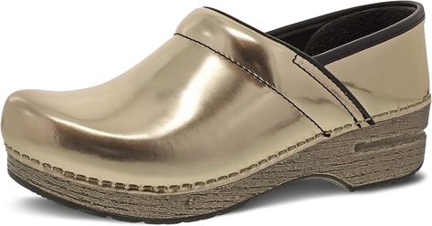 Amazon.com | Dansko Professional Chrome Slip-On Clogs for Women - Rocker Sole and Arch Support for Comfort - Ideal for Long Standing Professionals - Food Service, Healthcare Professionals Gold Chrome 7.5-8 M US | Mules & Clogs Chic Ballet Flats, Clogs For Women, Fashion Shoes Flats, Chic Heels, Summer Flats, Gold Chrome, Comfortable Flats, Professional Women, Food Service