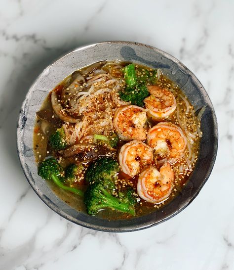 I made spicy shrimp and rice noodle soup. Homemade shrimp stock loads of shichimi togarashi and topped off with chili oil! #food #meal #foods #healthyfood #keto Shrimp Noodle Recipes, Shrimp Noodle Soup, Shrimp Noodles Recipes, Spicy Noodle Soup, Shrimp Stock, Soup With Shrimp, Shrimp Ramen, Buttery Shrimp, Shichimi Togarashi