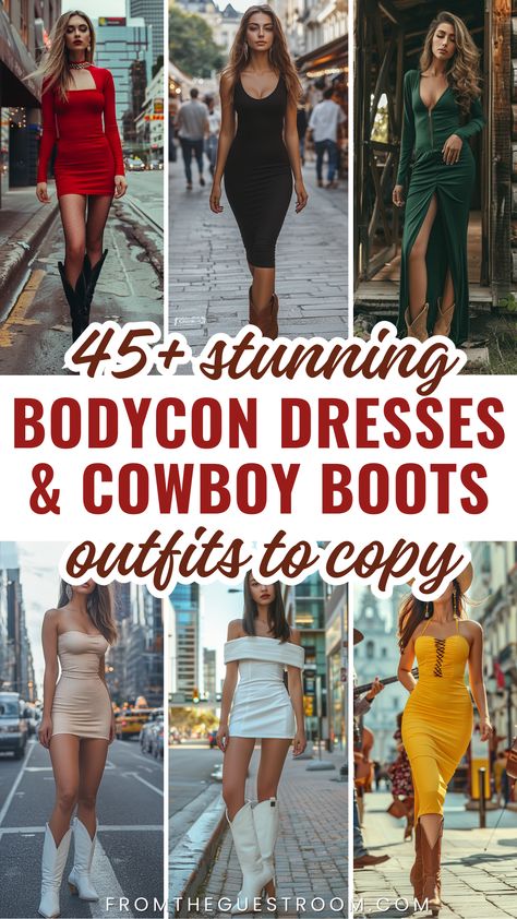 women wear bodycon dresses and cowboy boots, western outfits Black Satin Dress With Cowboy Boots, Cowgirl Boots Formal Outfit, Talk Western Boots Outfit, Evening Gown With Cowboy Boots, Fancy Dresses With Cowboy Boots, Over The Knee Western Boot Outfit, Red Dress Cowboy Boots Outfit, Bodycon Dress With Cowboy Boots, Long Sleeve Dress With Cowboy Boots