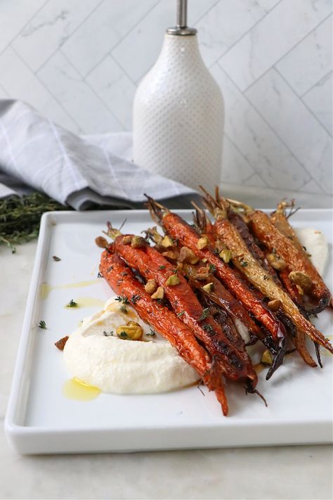 Roasted Carrots with Whipped Ricotta and Hot Honey - Labeless Nutrition Italian Carrots Side Dish, Fall Carrot Recipes, Fancy Vegetables, Colorful Carrots Recipe, Roasted Carrots Over Whipped Goat Cheese, Hot Honey Roasted Carrots, Whipped Ricotta Carrots, Carrots And Whipped Feta, Hot Salad Recipes