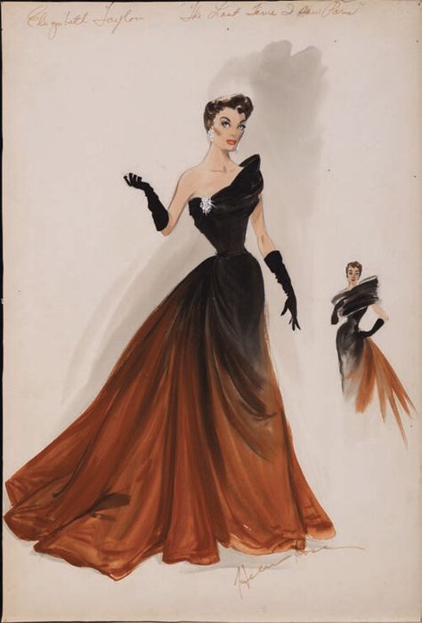 Dress Fashion Sketch, Walter Plunkett, Glamour Costumes, Vintage Hollywood Fashion, Vintage Fashion Sketches, Helen Rose, Red Evening Gown, Edith Head, Vintage Hollywood Glamour