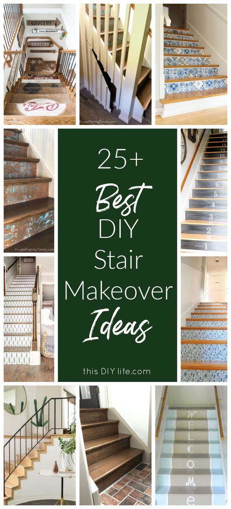 Bare Stairs Ideas, Updating Stairs On A Budget, Diy Painted Stairs Makeover, Stairs Risers Ideas, Stairway Ideas Staircase Remodel, Diy Carpet Stairs, Easy Stairs Makeover, Stair Risers Ideas, Diy Stairs Makeover Cheap