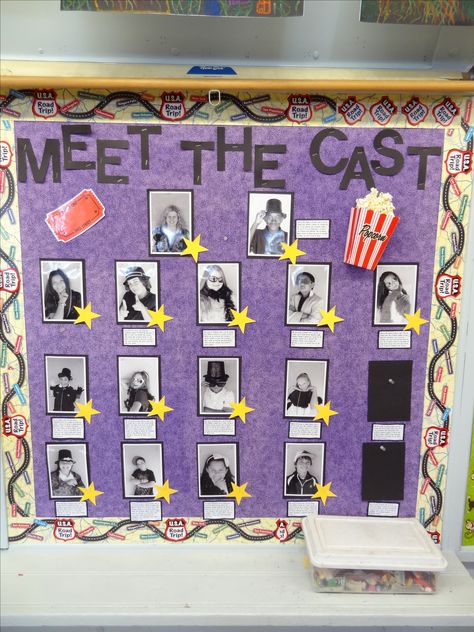 Another pic from my Open House. I had a "Meet the Cast" board for my Hollywood Theme. I took "headshots" of kids and they wrote their "bios". Movie Themed School Dance, Drama Board Ideas, Call Board Ideas Theatre, Hollywood Themed Bulletin Board Ideas, Set The Stage For Success Theme, Meet The Cast Bulletin Board, Cast Party Ideas, Hollywood Kindergarten Graduation Theme, Theater Bulletin Board Ideas