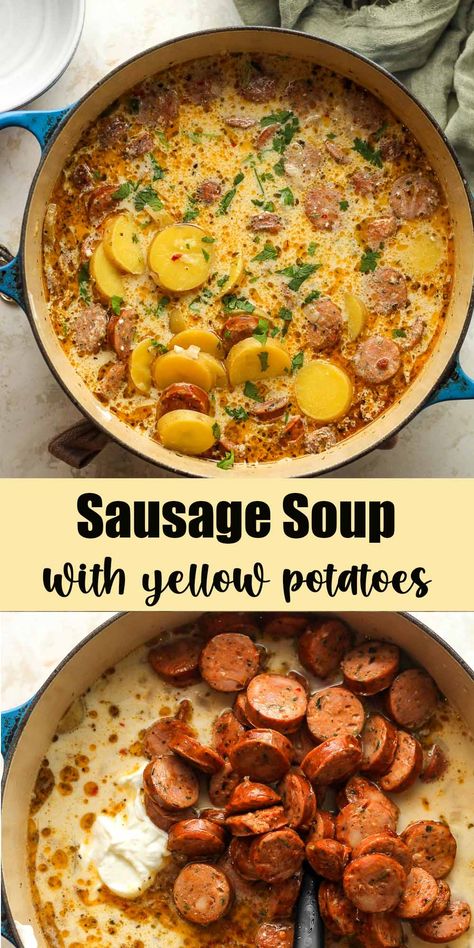 Sausage soup with Yellow Potatoes is a robust and flavorful dish, combining savory sausage and tender potatoes with a rich broth. This hearty dish will satisfy the biggest eaters! Crockpot Potato Sausage Soup, Beef Smoked Sausage Recipes, Roast Beef Vegetable Soup, Meat And Potato Meals, Potato And Sausage Recipes, Beef Smoked Sausage Recipe, Sausage Potato Skillet, Smoked Sausage Soup, Kielbasa Potato Soup