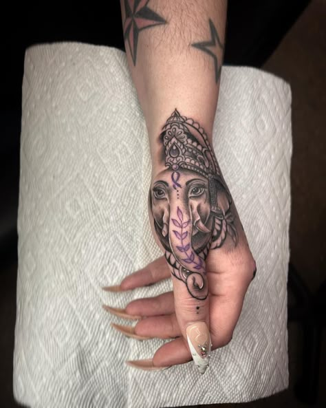 Ganesh Hand Tattoo, Hand Tattoos Elephant, Ganesha Finger Tattoo, Meaning Hand Tattoo, Hand Tattoo Elephant, Hindu Hand Tattoos For Women, Hand Spiritual Tattoo, Hamsa Leg Tattoo, Elephant On Hand Tattoo