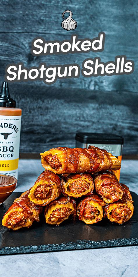 Smoked Shotgun Shells are delicious barbecue sides made by stuffing manicotti pasta shells with ground beef, pork and cheese and then wrapping them with bacon and smoking them. They are perfect for any outdoor bbq cookout! Via @umamiology Pasta Shells With Ground Beef, Smoked Shotgun Shells, Shells With Ground Beef, Manicotti Pasta, Best Barbecue Sauce, Barbecue Sides, Bbq Cookout, Comfort Pasta, Green Egg Recipes