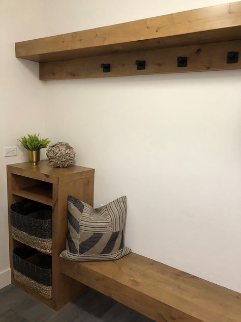 Possible setup for mudroom:  storage+bench, floating shelf with hooks Floating Shelf With Hooks Underneath, Floating Shelves Mudroom, Mudroom Shelf With Hooks, Floating Shelves With Hooks, Floating Mudroom Bench, Mudroom Floating Shelves, Floating Shelf Entryway, Floating Shelf With Hooks, Mudroom Shelf