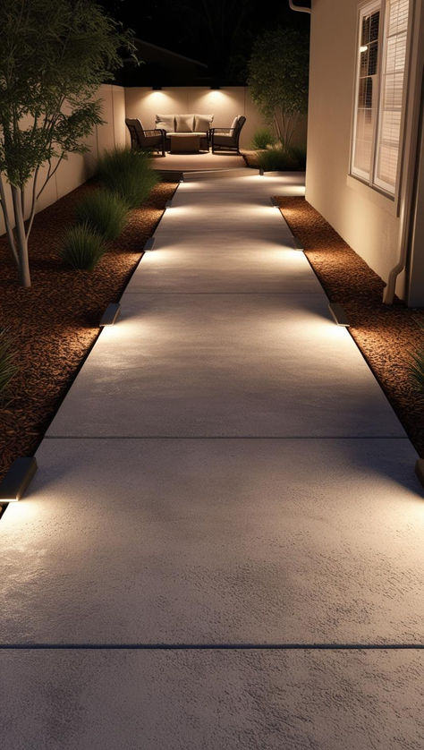 A minimalist concrete walkway with crisp edges, flanked by neatly trimmed hedges and vibrant garden plants for a clean and modern look. Concrete Paths And Walkways, House Sidewalk Ideas, Side Pathway Ideas, Concrete Floors Outdoor, Side Walkway Ideas, Side Yard Walkway Ideas, Side Driveway Ideas, Cement Walkway Ideas, Stamped Concrete Driveway Ideas