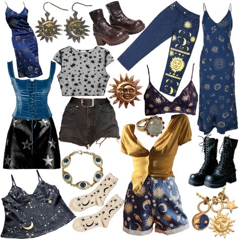 2023 Fashion Trends Grunge, Celestial Clothes Aesthetic, Celestial Grunge Outfits, Celestial Whimsigoth Outfit, Spacecore Outfits Aesthetic, Cosmic Outfit Ideas, Cosmic Core Aesthetic Outfits, Celestial Goth Outfit, Space Witch Outfit