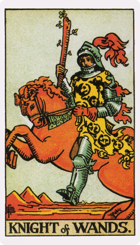 The Original Rider Waite Deck, By Arthur Edward Waite & Pamela Colman Smith. Knight of Wands. Knight Of Wands Tarot, Symbolic Artwork, Thoth Tarot, Rider Waite Tarot Cards, Knight Of Wands, King Of Wands, Rider Waite Tarot Decks, Wands Tarot, Rider Waite Tarot