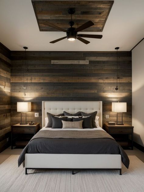 Create a striking accent wall using reclaimed wood panels or textured wallpaper, complemented with sleek industrial-style furniture pieces such as a metal bed frame or a minimalist desk. Complete the look with contemporary artwork and modern lighting fixtures for a sophisticated and masculine bedroom. Leather Bed Bedroom, Bedroom Ideas Gray, Mens Bedroom Ideas, Masculine Bedroom Ideas, Black Leather Bed, Bedroom Ideas Men, Organic Modern Bedroom, Men's Bedroom, Leather Bedroom