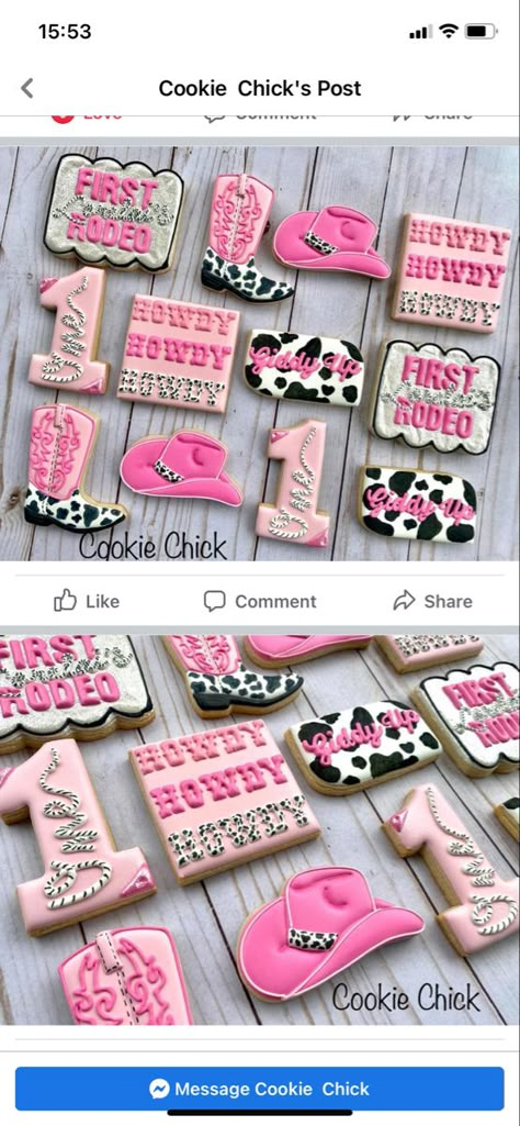 Cow Print Cookies Pink, Pink Cowgirl 1st Birthday, Preppy Cow Print Birthday Party, Cowgirl Birthday Party One Year Old, Space Cowgirl First Birthday, Cowgirl Themed 2nd Birthday Party, Cow Print Birthday Cookies, Cowgirl 2nd Birthday Party Ideas, My First Rodeo Birthday Girl Cookies