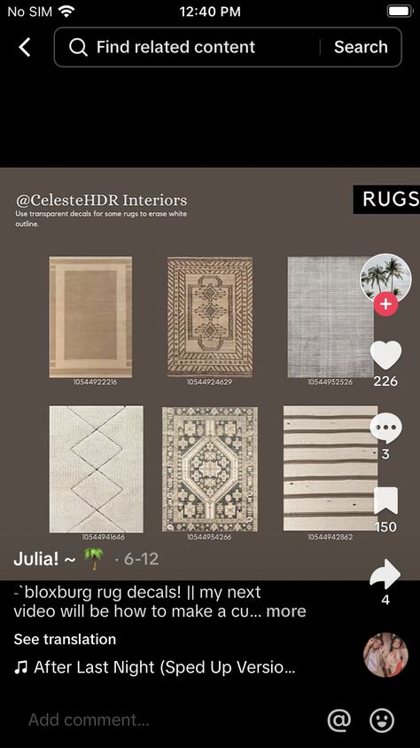 Roblox Decal Codes Rugs, Bloxburg Carpet Decal Codes, Carpet Decals, Decal Bloxburg, Yellow Farmhouse, Mansion Aesthetic, Headboard Decal, Roblox Decals, Pic Code