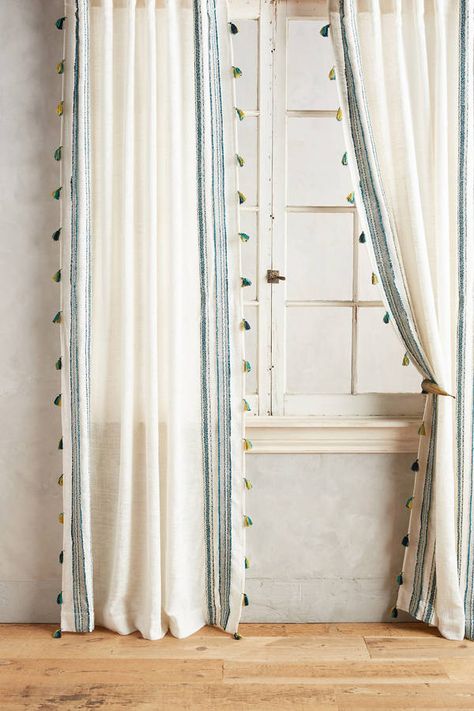 Anthropologie Fete Tassel Curtain - affilaite Kitchen Window Curtain Ideas, Kitchen Window Treatments Ideas, Rideaux Shabby Chic, Window Treatments Ideas, Kitchen Window Curtains, Shabby Chic Curtains, Double Rod Curtains, Simple Curtains, Tassel Curtains