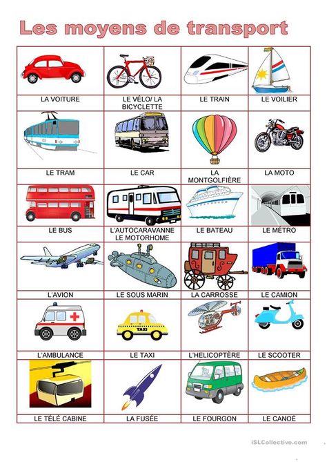 Dictionnaire d'images - MOYENS DE TRANSPORT - Français Fle Fiches Pedagogiques French Preschool Activities, France For Kids, French Language Learning Kids, French Basics, French Flashcards, Basic French Words, French Worksheets, French Teaching Resources, French Activities