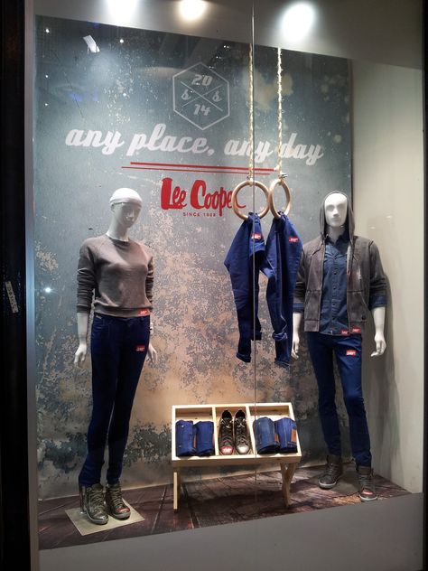 jogg jeans takes u{{{any time any place}}} Denim 2023, Fashion Window Display, Modern Store, Window Decorations, Store Windows, Store Window, Store Front, Shop Window, Visual Merchandising