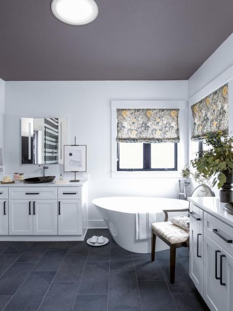 Pictures of the HGTV Smart Home 2020 Master Bathroom | HGTV Smart Home 2020 | HGTV Dark Tile Bathroom Floor, Dark Grey Tile Bathroom, Dark Floor Bathroom, Grey Bathroom Floor, Bathroom Tour, Dark Gray Bathroom, Grey Bathroom Tiles, Basement Remodel Diy, Grey Floor Tiles