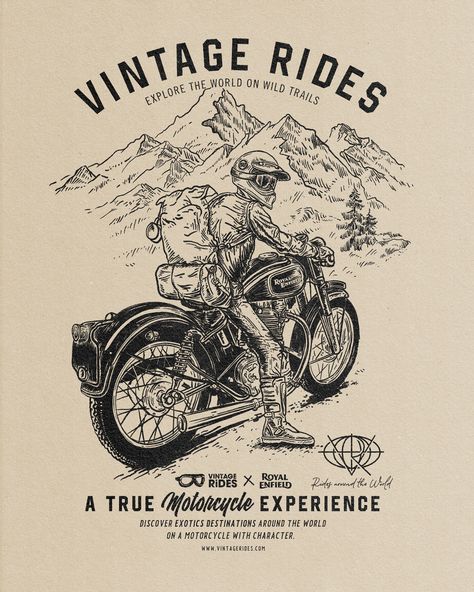 Vintage Rides, Logotype redesign and Merch design. Vintage Rides is a specialized motorcycle travel agency offers road trips and motorcycle raids in Asia, Africa, South America... Alexramonmas Studio® Design Motorcycle Graphic Design, Vintage Motorcycle Art, Vintage Tshirt Design, Vintage T Shirt Design, Camping Tshirt, T-shirt Design Illustration, Vintage Motorcycle Posters, Motorcycle Illustration, Bike Print