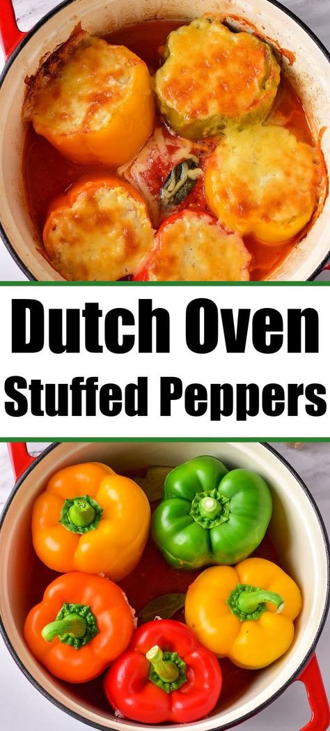 How long to bake stuffed peppers at 400 degrees F is here. Perfectly tender meat or vegetarian stuffed bell peppers in a dish or dutch oven. Dutch Oven Recipe Dinner, Dutch Oven Sausage Recipes, Dutch Oven Stuffed Peppers, What To Make In A Dutch Oven, 2 Qt Dutch Oven Recipes, Low Carb Dutch Oven Recipes, Dutch Oven Healthy Recipes, Dutch Oven Vegetarian Recipes, Easy Dutch Oven Recipes Dinners Simple