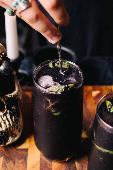 This Midnight in the Witch’s Garden Cocktail (Sugar Free) and the perfect spooky drink for your Halloween party! Activated charcoal and blueberries give this drink a creepy, black and purple hue. Combine with gin, fresh lemon juice, muddled basil leaves, and ginger beer for a refreshing botanical drink. Enjoy these drinks that look like they came straight from a witch’s garden at midnight this Halloween! #AFullLiving #KetoCocktails #HalloweenRecipes #HalloweenCocktails #SpookyCocktails Midnight In The Witches Garden, Halloween Beer Drinks, Viking Themed Cocktail, Goth Alcoholic Drinks, Scapegrace Black Gin, Activated Charcoal Cocktail, Witch Themed Drinks, Frogs Breath Drink, Halloween Drinks Gin