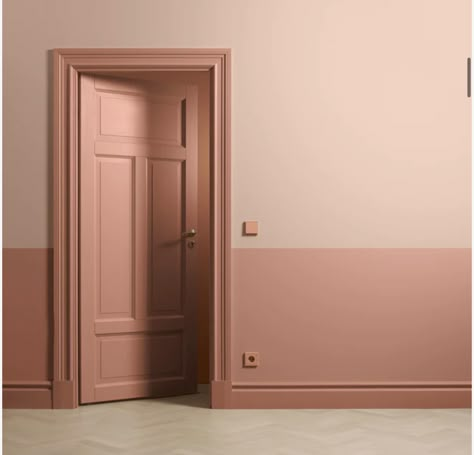 Pale Pink Hallway, Peach Hallway Ideas, Coral Entryway, Coral Hallway, Peach Hallway, Pale Pink Walls, Paint Stairs, Colour Drenching, Color Drenching