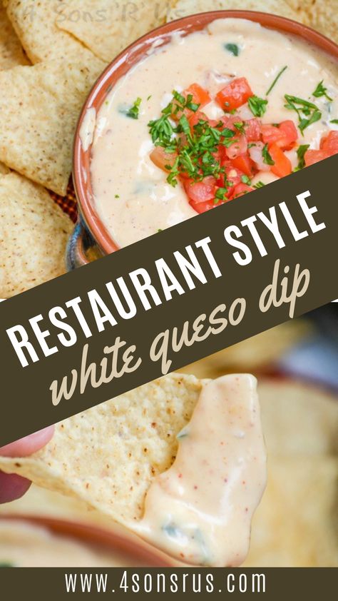 Margaritas Queso Dip Recipe, Costco Queso Dip Recipe, Best Dip For Tortilla Chips, Chilis White Queso Dip, White Caso Dip Recipe, White Caso Dip, Restaurant Queso Recipe, Caso Dip, Restaurant Style White Queso Dip