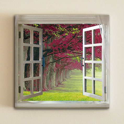 Window view Blossom Trees Pink spring art decor by OneDesign4U Window Painting Canvas, Open Window Painting, Window Diy, Window Mural, Painting Simple, Faux Window, Window Projects, Painting Ideas On Canvas, Simple Acrylic Paintings