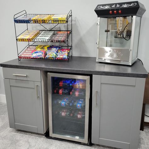 Media Room Snack Station, Mini Snack Bar Ideas Small Spaces, Basement Hang Out Ideas, Salon Drink Station Ideas, Basement Mini Fridge, Small Snack Bar Ideas, Gym Snack Bar, Home Theater Snack Bar Ideas, Basement Snack Bar