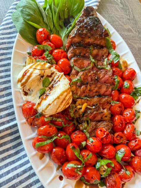 Caprese Steak with Fig Balsamic Paleo Steak Marinade, Caprese Steak, Grass Fed Beef Recipes, Tomatoes Burrata, Paleo Steak, Fig Balsamic Vinegar, Balsamic Steak, Strip Steaks, Steak Shrimp