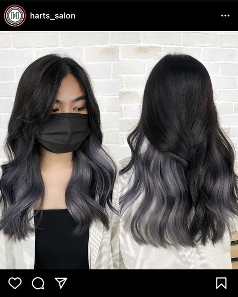 dyed hair, ash/gunmetal grey colour, peek a boo/ hidden Dark Grey Peekaboo Hair, Peek A Boo Hair Color Ash Grey, Ash Grey Peekaboo Hair, Black Grey Hair Color, Black Hair With Gray Underneath, Smoky Grey Hair, Hair Color Peek A Boo, Subtle Hairstyles, Ash Gray Hair