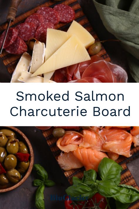 How you display your salmon charcuterie board can make all the difference. Choose a beautiful board or slate. Then choose matching dishes for your spreads, nuts, toasts, etc. Make sure to also choose spoons or knives that are smaller. We love forks for people to be able to easily fork their smoked salmon onto their own plate of toast. Charcuterie Board With Salmon, Salmon Board, Salmon Charcuterie Board, Smoked Charcuterie Board, Smoked Salmon Board, Smoked Salmon Platter Ideas, Smoked Salmon Charcuterie, Smoked Salmon Charcuterie Board, Charcuterie Board Smoked Salmon