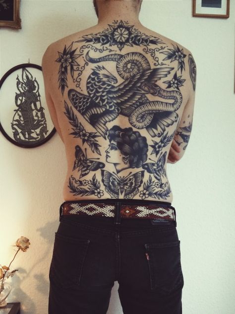 Old School Back Piece Tattoo, Traditional Eagle Back Tattoo, Trad Backpiece Tattoo, Traditional Tattoo On Shoulder, Traditional Backpiece Tattoo, Traditional Backpiece, Traditional Back Piece Tattoo, American Traditional Back Tattoo, American Traditional Back Piece