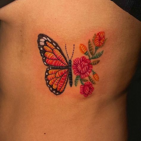 Embroidery Tattoo Ideas, Fernanda Ramirez, Cross Stitch Tattoo, Monarch Butterfly Tattoo, Mexican Tattoo, Mexican Art Tattoos, Embroidery Tattoo, Stitch Tattoo, Tattoo Techniques