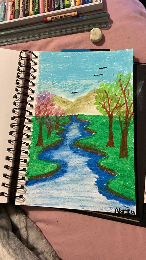 River Flowing Drawing, Background Scenery Drawing, River Drawing Easy, River Landscape Drawing, River Doodle, Stream Drawing, River Drawing, Waterfall Drawing, Lovely Drawings