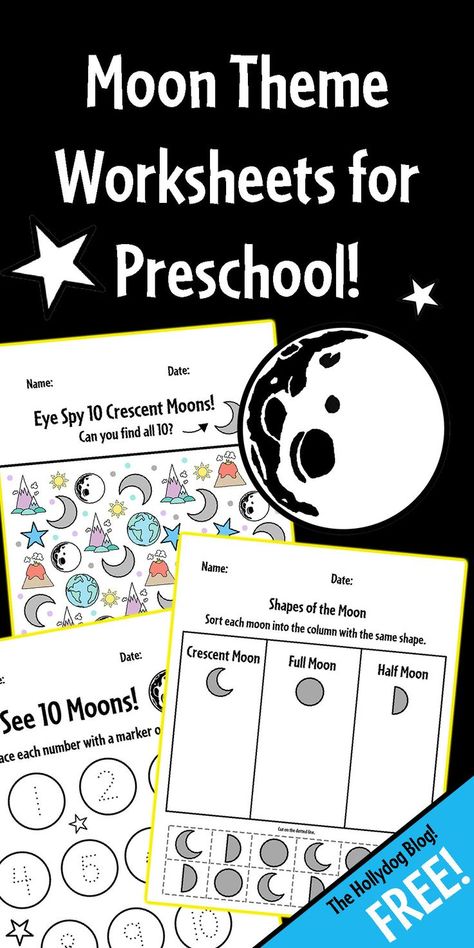 Check out these awesome moon theme printable worksheets for preschool! Print you 10-pack for free! Learn all about the moon! Moon Theme | Moon Worksheets | Moon Activities for Preschool | Space Theme Worksheets | Space Activities for Kids Moon Activities For Preschool, Preschool Space Theme, Planets Preschool, Moon Lessons, Moon Phases Activities, Moon For Kids, Homeschool Preschool Schedule, Moon Activities, Space Activities For Kids