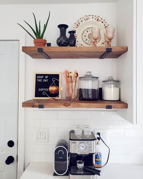 Coffee station, thrifted style, plant shelf, mixing styles Coffee/wine Bar Ideas, Bar With Floating Shelves, Bar Shelf Ideas, Home Shelves Ideas, Coffee Shelf, Floating Tv Shelf, Thrifted Style, Diy Coffee Station, Kitchen Floating Shelves