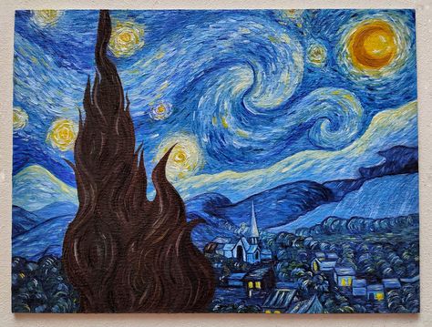 Starry Night Reference, Stary Night Oil Pastels, Starnight Van Gogh, Stary Night Paintings, Stray Night Van Gogh, Starry Night Oil Pastel, Night Reference, Gauche Painting, Pastels Art