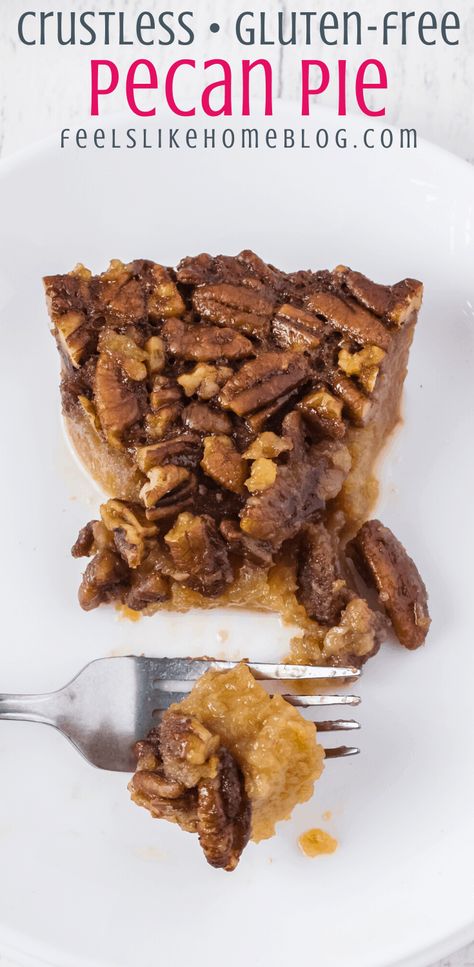 How to make the best crustless pecan pie recipe - Gluten free pecan pie is not only possible, it is DELICIOUS, simple, and easy to prepare. It's perfect for Thanksgiving, Christmas, or any holiday. You'll never miss the crust! #dessertrecipes #dessert #sweettooth #glutenfreerecipes #gluten-free Crustless Pecan Pie Recipe, Crustless Pecan Pie, Gluten Free Pecan Pie Recipe, Gluten Free Pecan Pie, Gluten Free Pecan, Tasty Desserts, Pecan Pie Bars, Gluten Free Pie, Pecan Pie Recipe