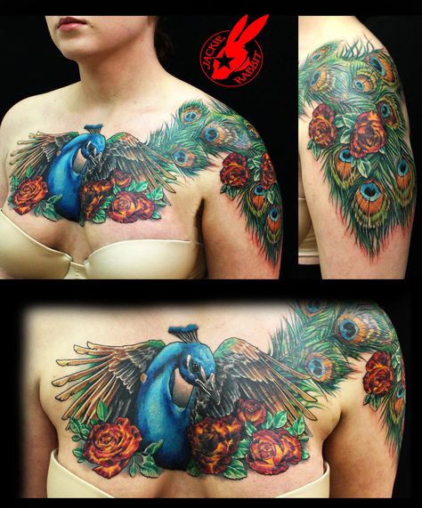 peacock feather wings tattoo | Peacock Feather Chest Tattoo by Jackie Rabbit by jackierabbit12 Jade Tattoo, Tattoo Feather, Peacock Feather Tattoo, Peacock Tattoo, Chico California, Lijiang, Chest Piece Tattoos, Geniale Tattoos, Trendy Tattoo