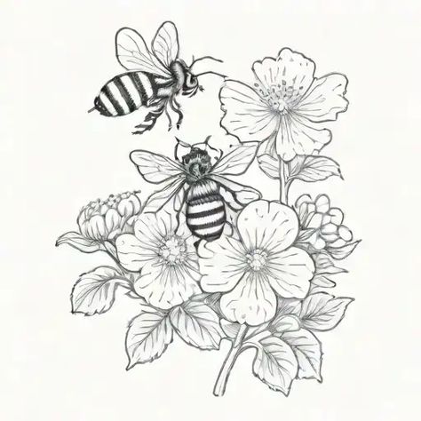 Sketch "2 Clover Flowers With A Bee Flying Above" Tattoo Idea Bee Tattoo With Flowers, Cartoon Flower Tattoo, Bee Flower Tattoo, Bee And Flower Tattoo, Bee Sketch, Mandela Tattoo, Sketch Tattoos, Bee Flying, Honey Bee Tattoo