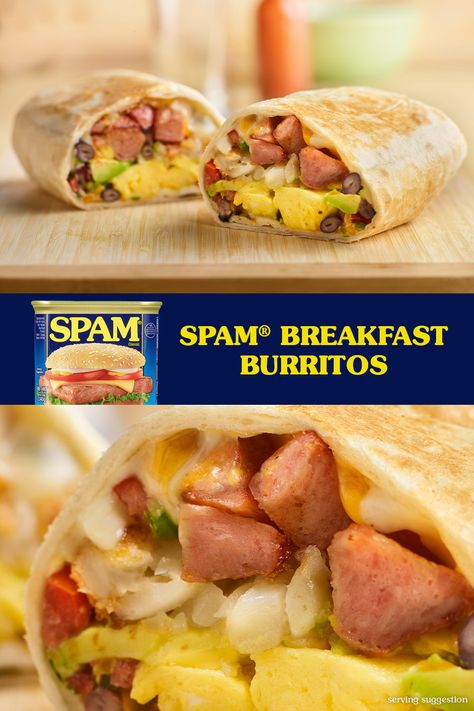 On days that end in ‘Y,’ start them with MMM. Enjoy hashbrowns, avocado, scrambled eggs, cubes of SPAM® classic and black beans for a savory start to the day. Spam Breakfast Burrito, Breakfast With Spam, Spam Sandwich, Pork And Beans Recipe, Avocado Scrambled Eggs, Avocado Burrito, Egg Bakes, Hash Brown Patties, Spam Recipes