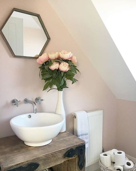 Gorgeous rustic yet feminine bathroom with vessel sink and wall mounted faucet. Pink paint on wall is CALAMINE by Farrow & Ball. Come see the Best Sophisticated, Chic and Subtle Pink Paint Colors on Hello Lovely Studio! Subtle Pink Paint, Bathroom With Vessel Sink, Pink Bathroom Paint, Paint On Wall, Blush Pink Paint, Feminine Bathroom, Pink Toilet, Wall Mounted Faucet, Pink Paint Colors