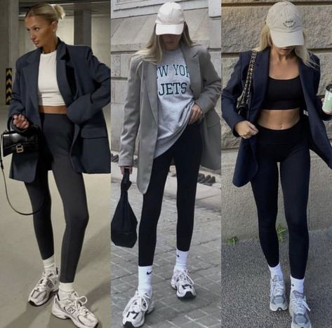 Blazer And Activewear, New Balance 9060 Summer Outfit, Legging Style Outfit Ideas, Professional Sporty Outfits, New Balance 530 Outfit Inspo Women, Edgy Athleisure Outfits, Leggings Outfit Blazer, Newbalance Outfits 9060, Nb 9060 Outfit Woman