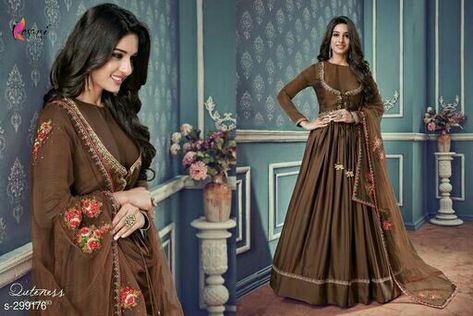 WhatsApp +918380097101 to order. Brown Colour Dress, Silk Anarkali Dress, Salwar Kameez Wedding, Anarkali Dresses, Silk Anarkali, Girls Party Wear, Eid Special, Queen Fashion, Party Suits