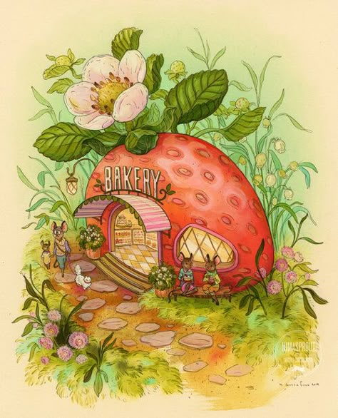 Fruit House Series — NIMASPROUT Strawberry House Drawing, Cottage Core Graphic Design, Gnome Drawing Illustration, Goblin House, Draw Garden, Flower Garden Drawing, Fruit House, Farm Drawing, Strawberry House