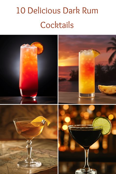 Discover ten amazing dark rum cocktail recipes to elevate your mixology game. From classic Dark 'N' Stormy to adventurous Category 5 and more, there's a perfect drink for every occasion. Dark Rum Mojito Recipe, Dark 'n' Stormy, Rum Craft Cocktails, Bacardi Black Rum Drinks, Black Rum Drinks, Kracken Rum Cocktails, Drinks With Dark Rum, Dark Liquor Drinks, Simple Rum Drinks