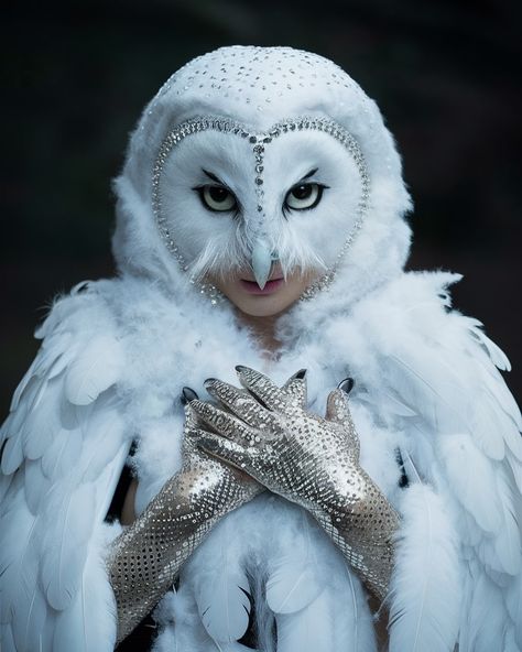 Mystical owl enchantress ❄️🦉✨ Barn Owl Costume, Snowy Owl Costume, Owl Costume Women's, White Owl Costume, Owl Headdress, Snow Owl Costume, Owl Cosplay, Owl Woman, Owl Makeup