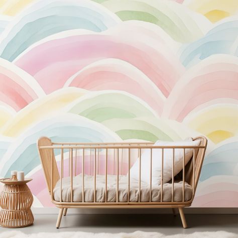 Watercolor Rainbow Pattern with Neutral Pastel Wallpaper Rainbow Wallpaper For Kids Room, Rainbow Pattern Wallpaper, Pastel Nursery, Wallpaper Watercolor, Pastel Design, Rainbow Room, Pastel Designs, Kids Room Wallpaper, Elegant Watercolor