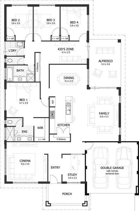 5 Bedroom House Plans, Bathroom Floor Plans, House Plans One Story, Kitchen Floor Plans, 4 Bedroom House Plans, Garage House Plans, Floor Plan Layout, House Layout Plans, House Blueprints