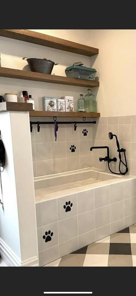 Dog Bathing Area, Raised Dog Bath, Home Dog Wash Station, Dog Drying Station, Pet Shower In Laundry Room, Dog Bathing Station Laundry Room, Laundry Room Dog Bath, Dog Bath In Laundry Room, Diy Dog Bathing Station